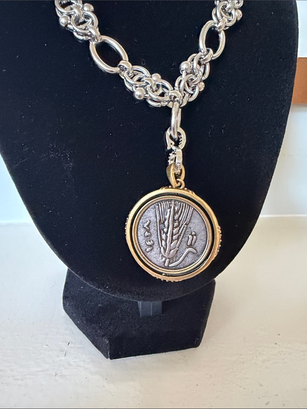 Two-Tone Silver and Gold Medallion Pendant Necklace - Women's Jewelry - Picture 3 of 5